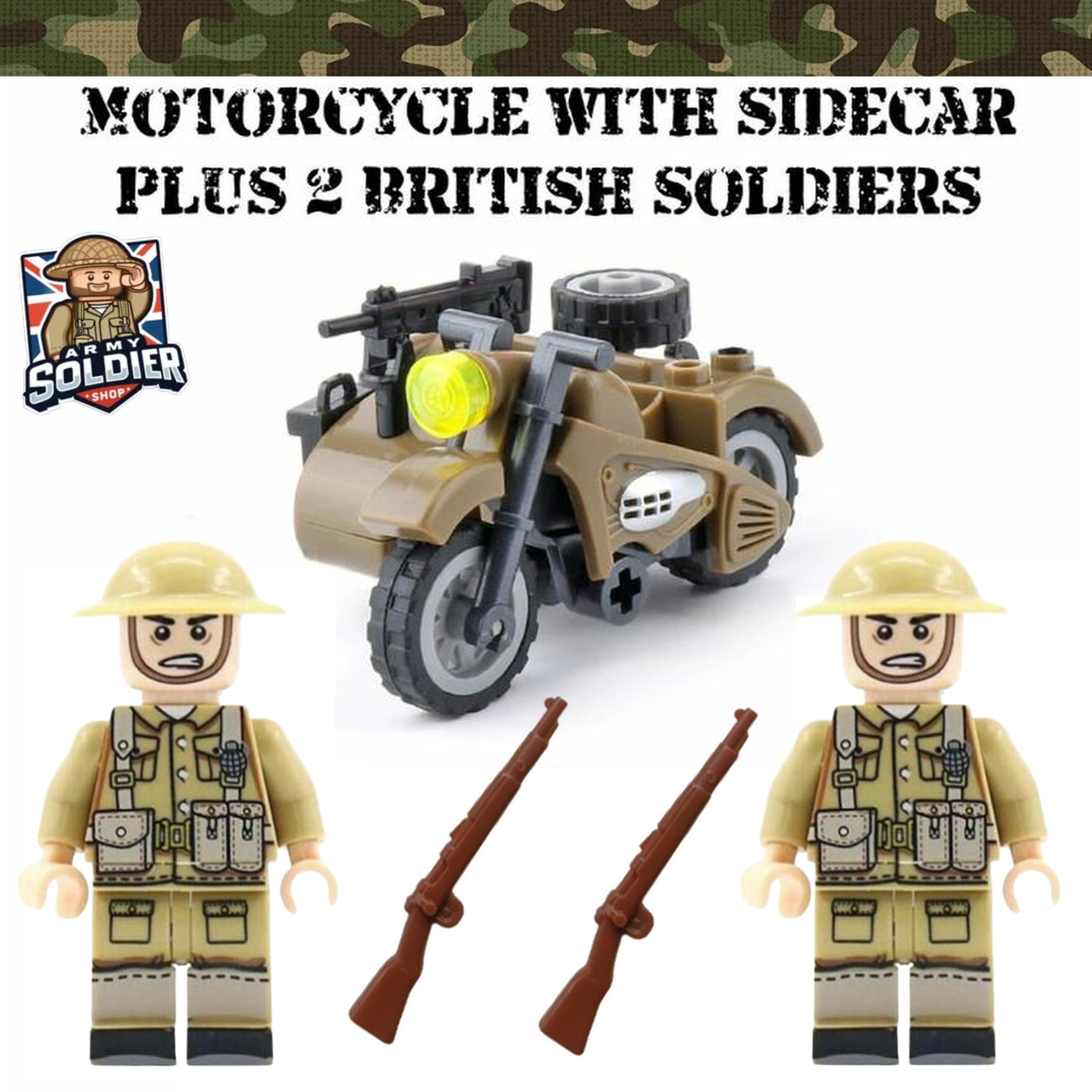 British WW2 motorcycle with sidecar plus 2 Mini figures
