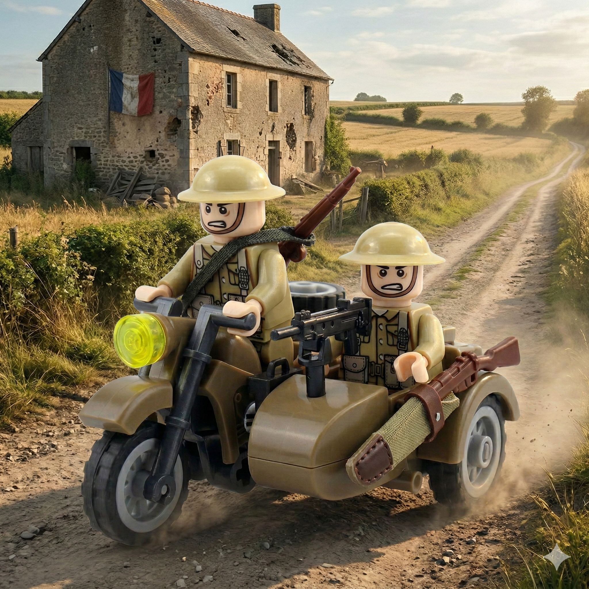 British WW2 motorcycle with sidecar plus 2 Mini figures