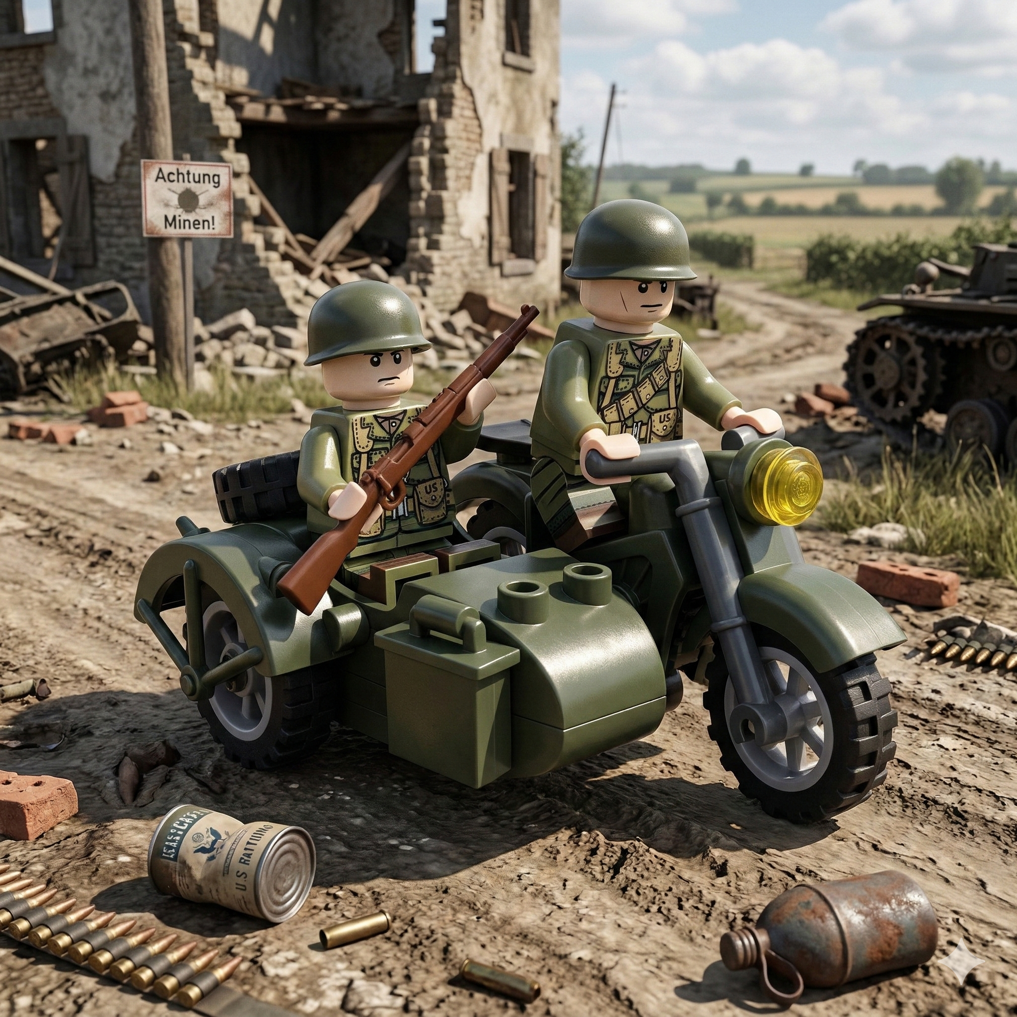 US WW2 motorcycle with sidecar plus 2 Mini figures