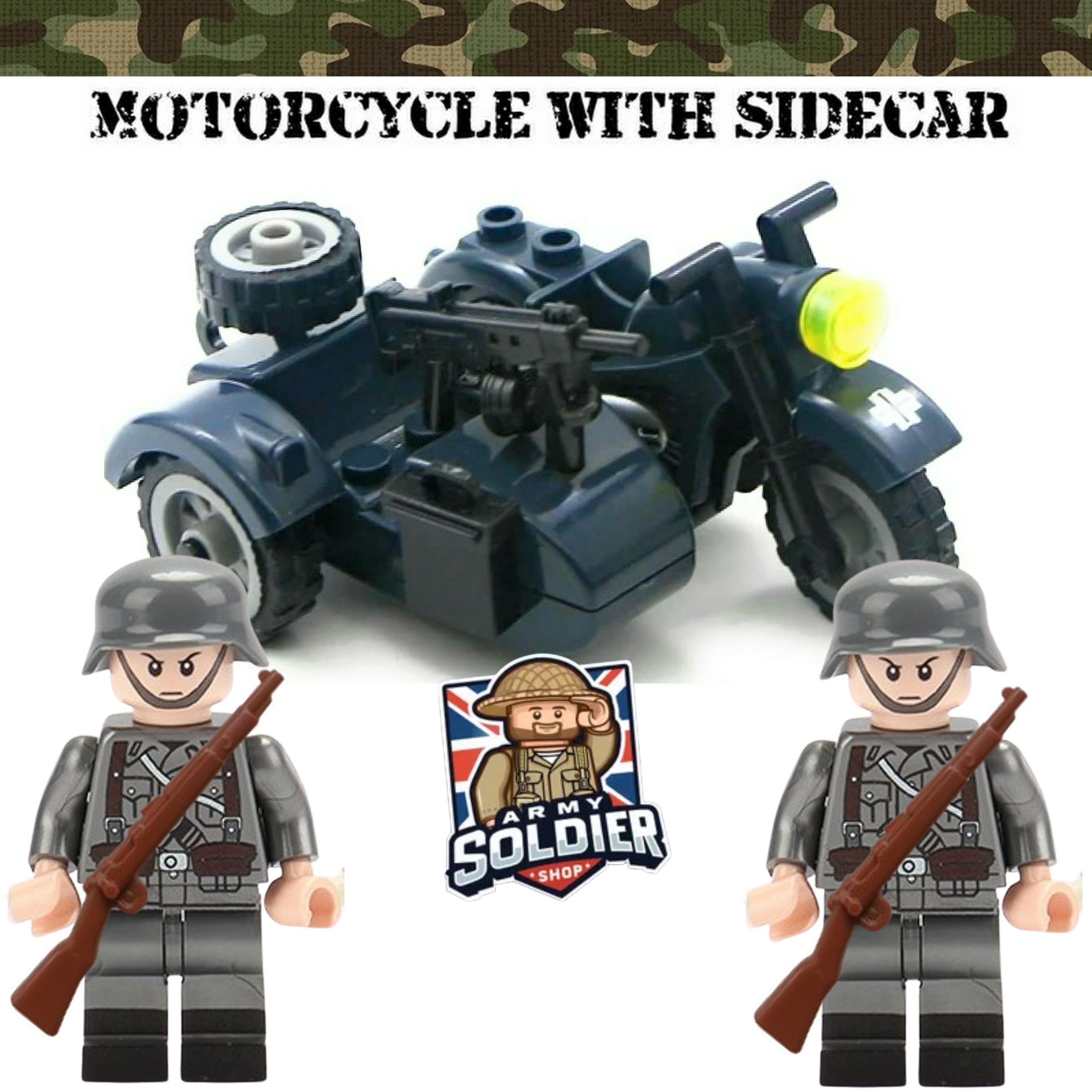 German WW2 motorcycle with sidecar plus 2 Mini figures