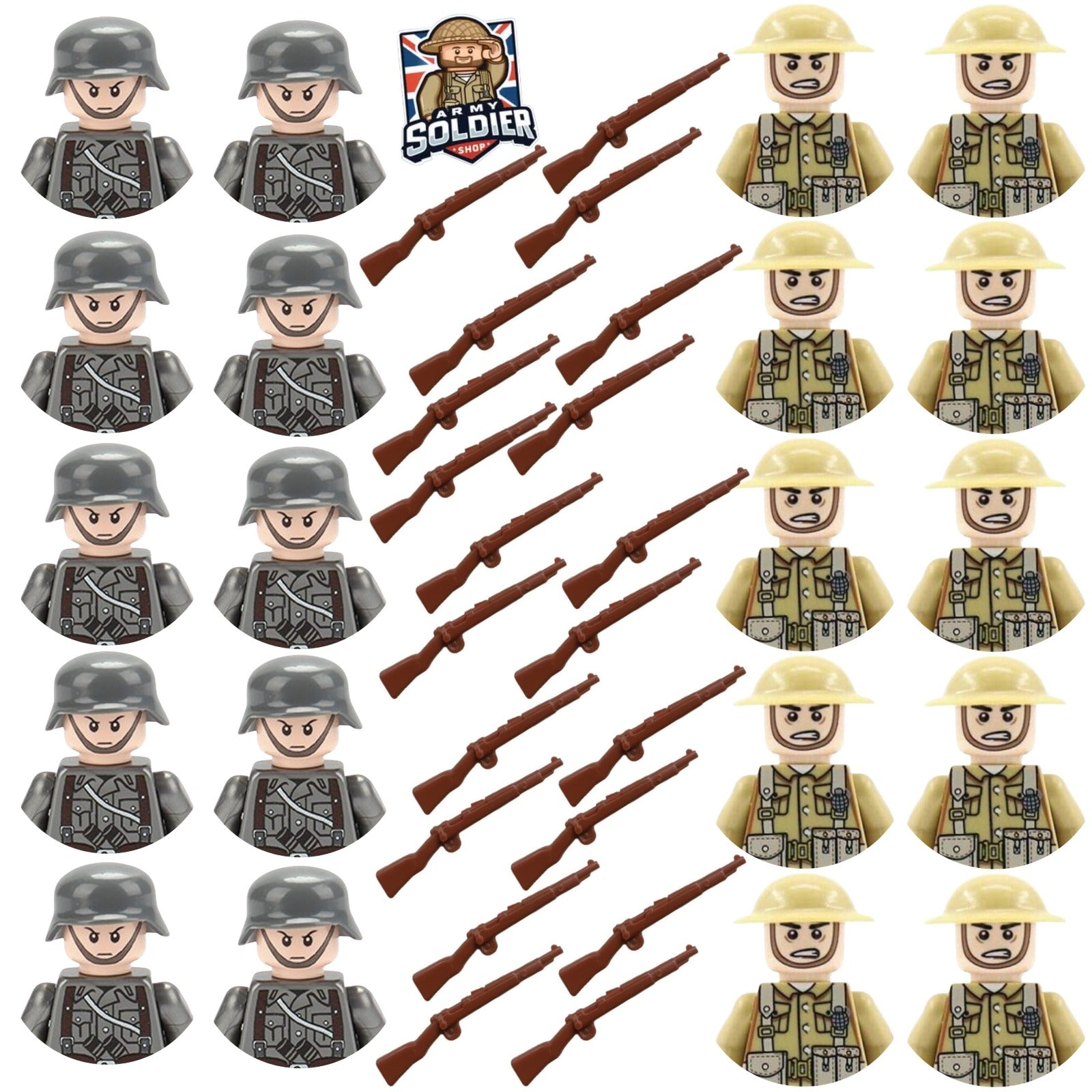 WW2 10 German Vs 10 British Minifiguers with 20 Guns