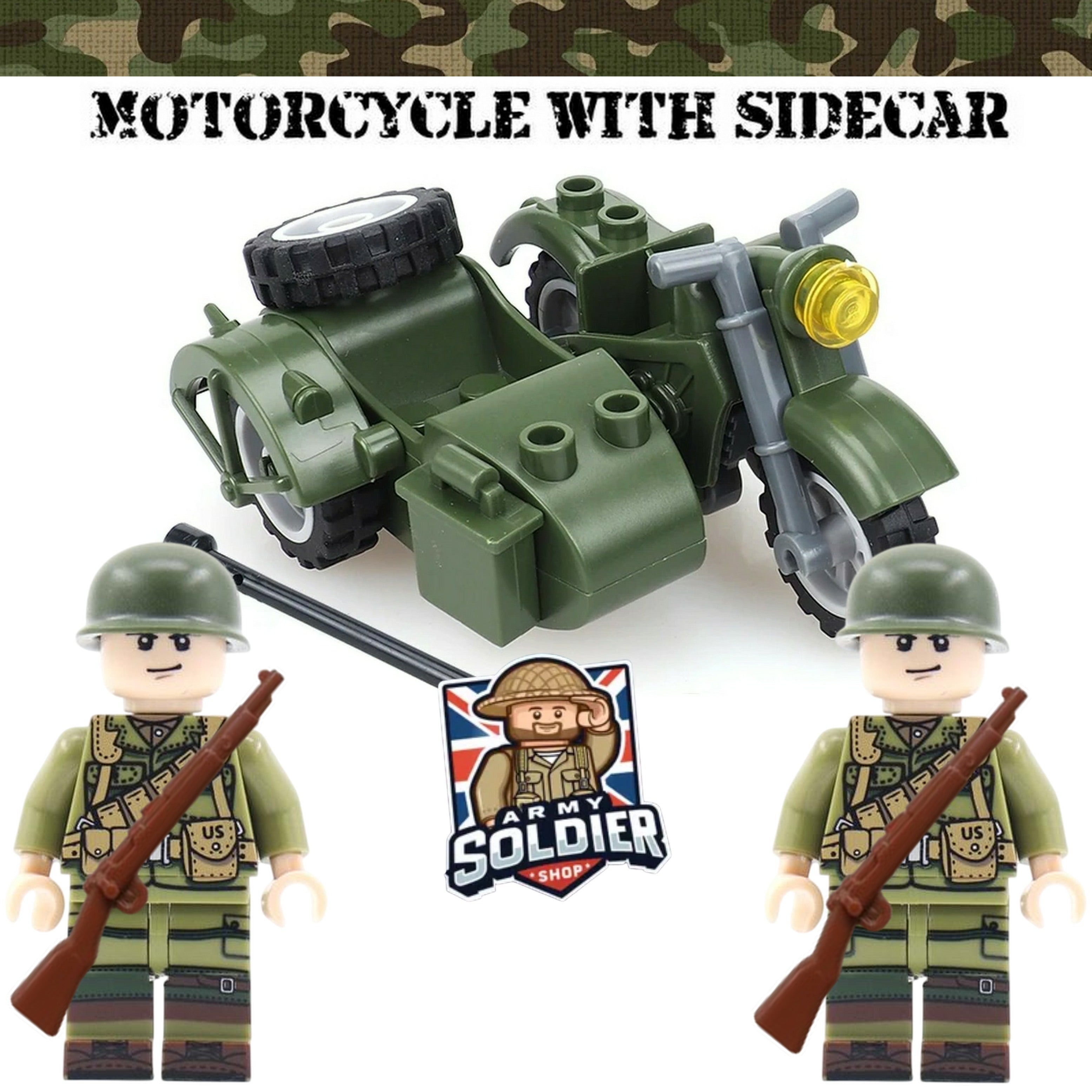 US WW2 motorcycle with sidecar plus 2 Mini figures