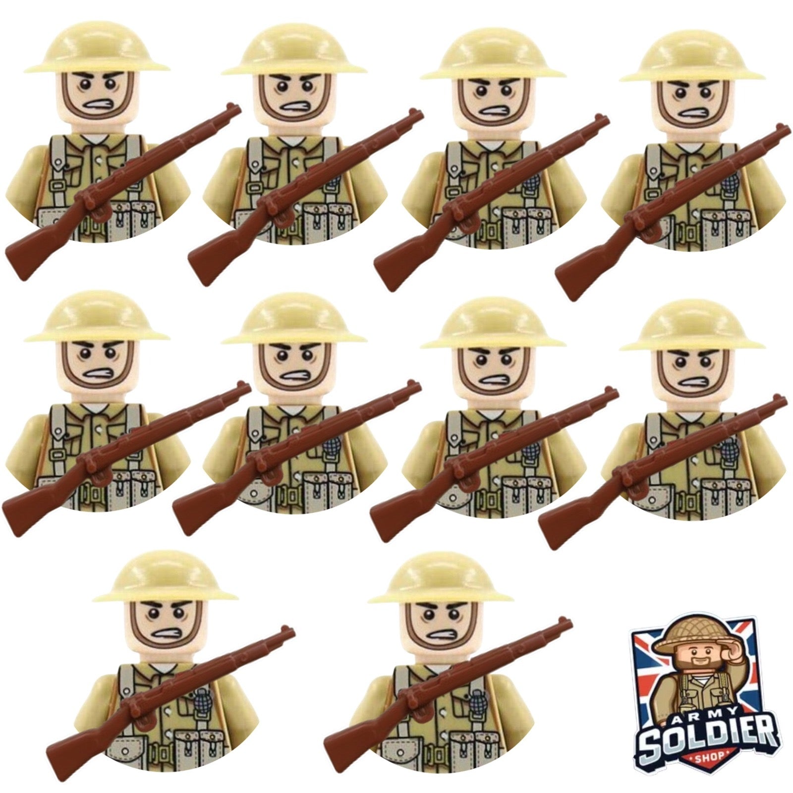 British WW2 10 Mini figures with 10 Guns